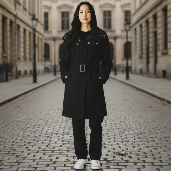 Zara Basic Coat Womens M Black Wool Blend Gorpcore Belted Utility Outdoor Winter - Picture 6 of 8